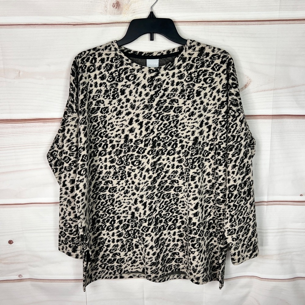 Chicos Top Womens 0 S Brown Black Leopard Print Crew Neck Tunic Long Sleeve Knit